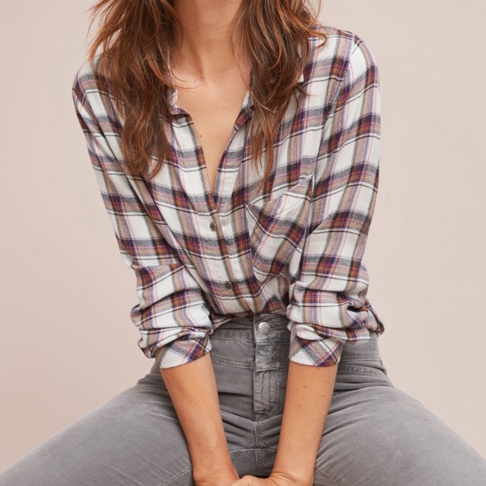 Anthropologie Cloth & Stone Plaid Button Front Top